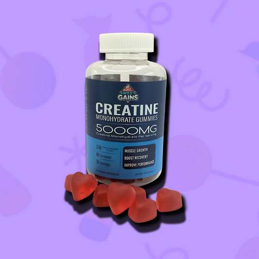 Image of white bottle with a blue label in front of a group of gummies spread out in front
