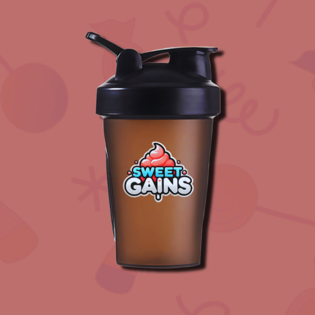 A brown base plastic shaker cup with a black lid and a sweet gains logo on the front