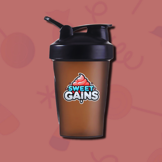 A brown base plastic shaker cup with a black lid and a sweet gains logo on the front